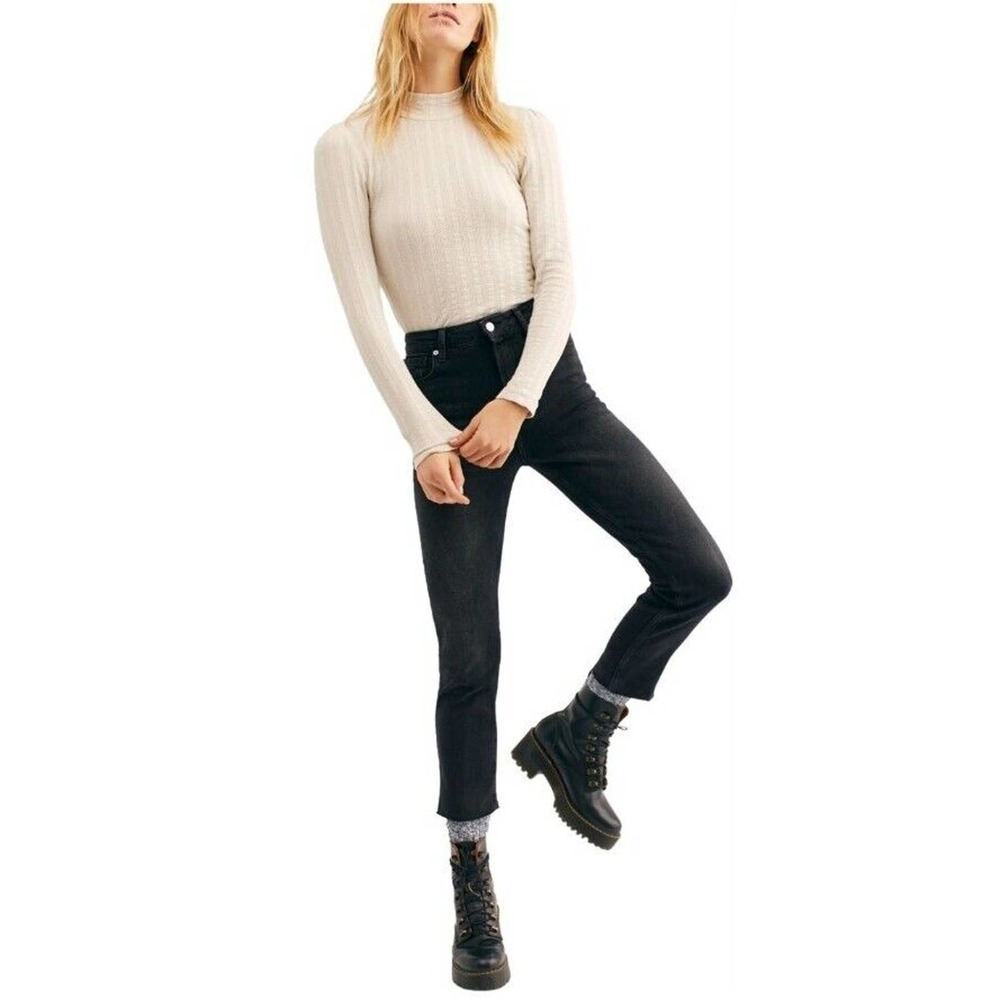 Free People Jeans 30 High Slim STRAIGHT Raw Hem Charcoal Black Stretch High Rise